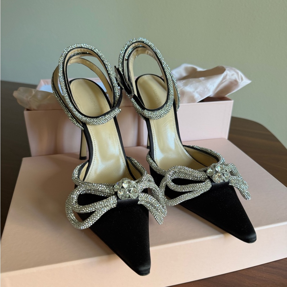MACH & MACH Black and Silver Stiletto Heels with Rhinestone Bow